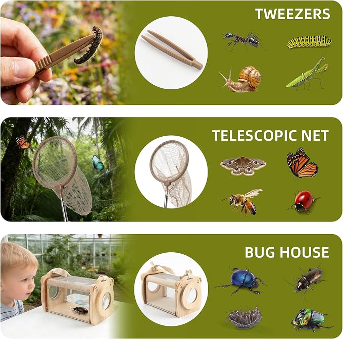 11Pcs Wooden Bug Catcher for Kids, Outdoor Explorer Bug Catching Kit | Butterfly Net for Kids with Bug Habitat, Magnifying Glass & STEM Guide, Adventure Set for Backyard & Camping 3+ Years