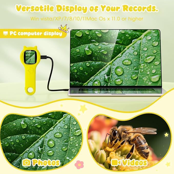 Kids Microscope for Summer Vacation, 500X Portable Digital Microscope with 2" IPS Screen, Beach Nature Discovery STEM Toy for Kids Age 5-12 (Yellow)