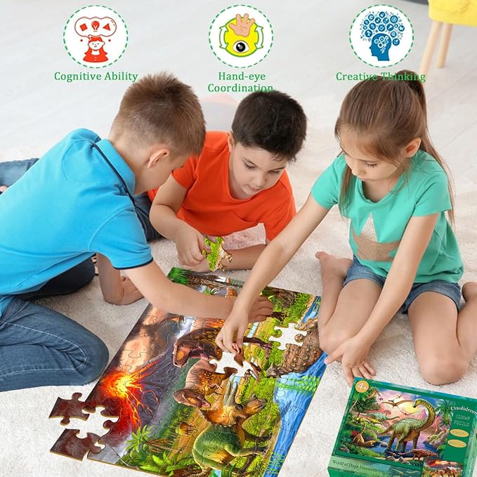 Puzzles for Kids Ages 4-6 – 2 x 60 Pieces World of Huge Dinosaurs | Puzzles for Kids Ages 3-5 6-8, Educational Learning Dinosaurs Toys, Gift for Boys and Girls