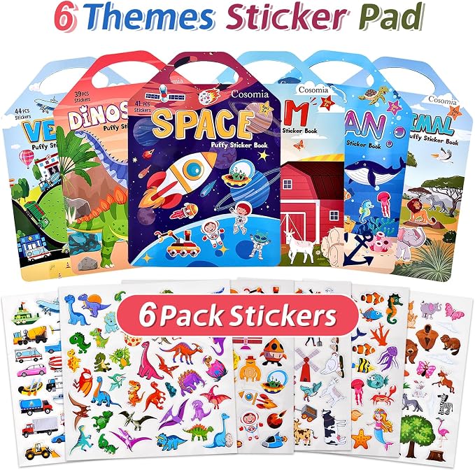 6 Set (260pcs) Puffy Sticker Books Activity for Kids | Animal, Farm, Dinosaurs, Space, Travel Toys Essentials Reusable Stickers for Boys and Girls Ages 3+