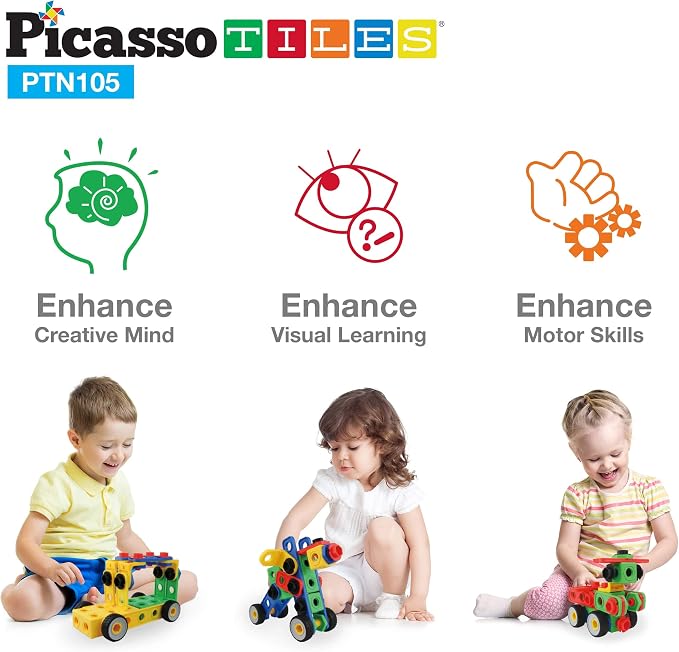 PicassoTiles STEM Learning Toys 105 Piece Building Block Set Kids Construction Engineering Kit Toy Blocks Children Early Education Playset w/IdeaBook, Power Drill, Clickable Ratchet, Age 3+ PTN105