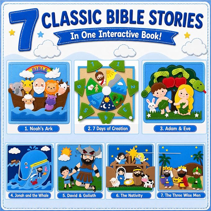 Bible Quiet Book, Felt Busy Book for Toddlers 1-3, Baptism Gifts | 7 Bible stories, Noah's Ark, Montessori toys, sensory play, soft felt pages, church toy, toddler travel toy, christening gift
