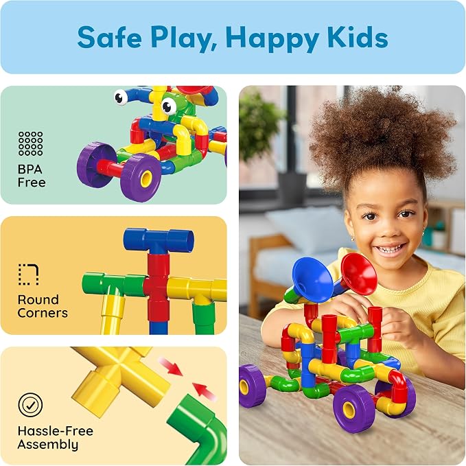 PicassoTiles PTT136 136pcs Tubular Pipes & Spout STEAM Interlocking Educational Building Block Set, Tube Locks, Pipeworks Construction Blocks w/Storage Container Box, Idea Book, Flute Musical Kit | 7 tube styles, easy-connect joints, idea guide, storag...