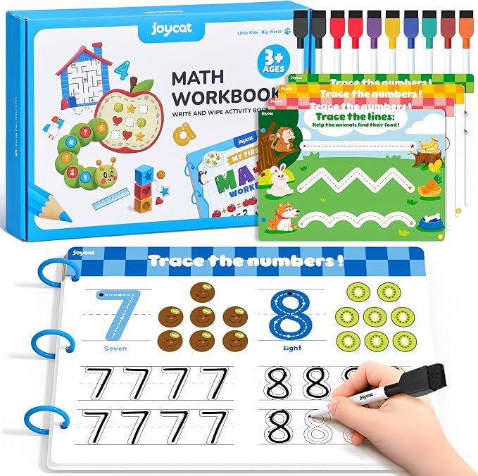 JoyCat Math Busy Book for Toddlers Reusable Preschool Workbook for Ages 3–8 | with 10 Dry-Erase Markers, Number Tracing & Counting Activity Book for Kids, Kindergarten Learning Activities, Travel-Ready