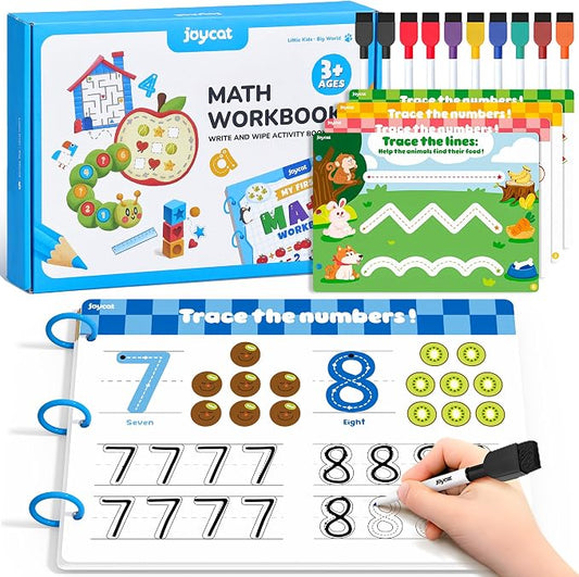 JoyCat Math Busy Book for Toddlers Reusable Preschool Workbook for Ages 3–8 | with 10 Dry-Erase Markers, Number Tracing & Counting Activity Book for Kids, Kindergarten Learning Activities, Travel-Ready