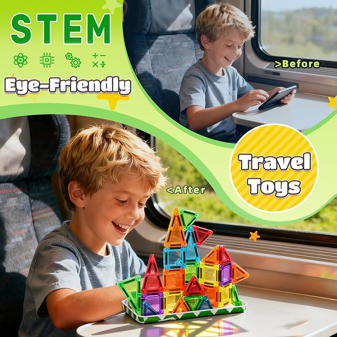 MAGBLOCK 30PCS Mini Magnetic Tiles with Portable Box for Kids 3+ | Travel Size Toys Magnetic Building Blocks Set, STEM Sensory Montessori Toys for Road Trip Essentials Airplane Car Activities