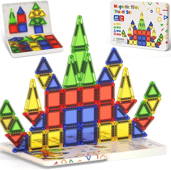 Mini Magnetic Tiles Travel Toys: Airplane Activities for Kids 3-8 | 40pcs Metal Box Play Base & Visual Storage Guide - Road Trip Essentials for Toddlers Quiet Games Portable Sets Must Haves