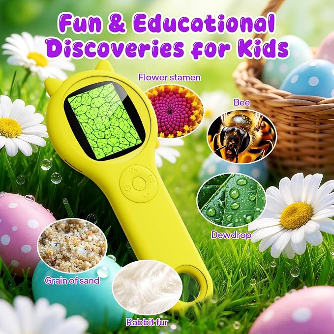 Kids Microscope for Summer Vacation, 500X Portable Digital Microscope with 2" IPS Screen, Beach Nature Discovery STEM Toy for Kids Age 5-12 (Yellow)