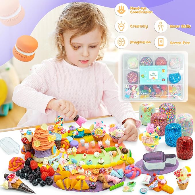 SIMPLIPLAY Ice Cream Sensory Dough Kit, 6 PCS 18oz Glitter Doughs | Soft Clay Ice Cream Toys with Cone, Mold, Fruit Pieces, Accessories(120 Pcs+), Christmas Birthday Gift for Girls Age 3 4 5 6