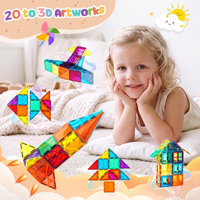 FNJO Magnetic Tiles, 100PCS Building Blocks, STEM Magnets Building Toy Set, Preschool Kindergarten Construction Stacking Toy, School Teacher Supplies, Classroom Must Haves