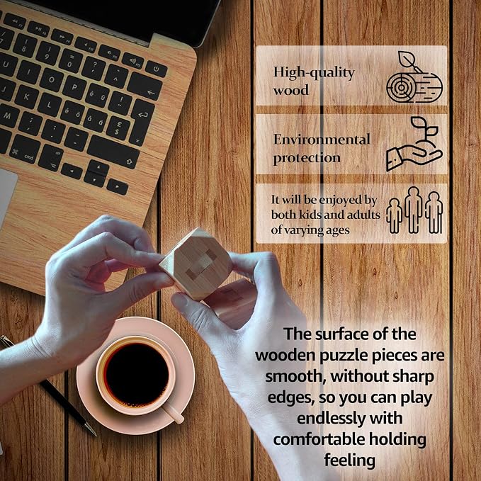 VolksRose 9pcs Wooden Brain Teaser Puzzles, IQ Challenge Puzzle Games, Logic Smart Mind Puzzle Box Lock Toy Removing Assembling 3D Small Puzzle Gift Set for Adults Teenagers Kids, 1.8inch 4.5cm