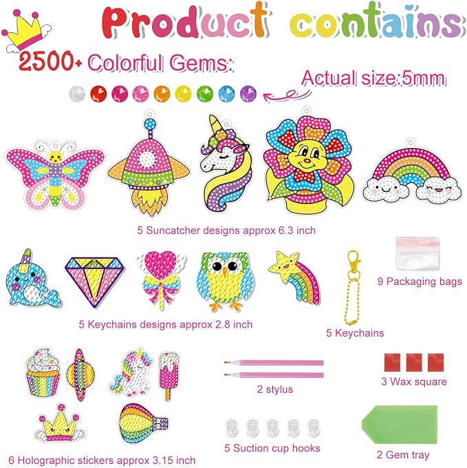 BANBBUR 16 Pcs Gem Art for Kids Ages 4-8 8-12, Kids Diamond Art and Crafts | Gem Art Kit with 5 Suncatchers/5 Keychains/6 Stickers,Christmas Crafts for Kids,Birthday Gifts Christmas Stocking Stuffers