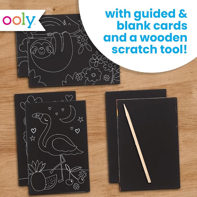 Ooly Mini Scratch & Scribble Art Kit, 6 Cards – Funtastic Friends | Ages 6+, Wooden Stylus Included, Compact Car and Airplane Travel Activity, Screen-Free Craft, Fun Gift for Kids