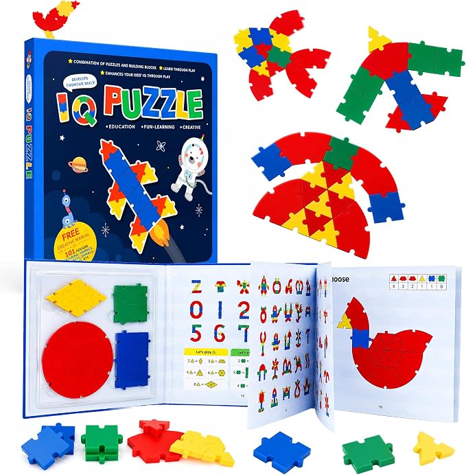 PRE-WORLD Pattern Blocks, 30 Pcs Interlocking Geometric Puzzle Kids 3+,IQ Puzzle Book, 101 Patterns, Non-Toxic Plastic, Math & Geometry Learning, Portable Storage for Home, Travel, Classroom