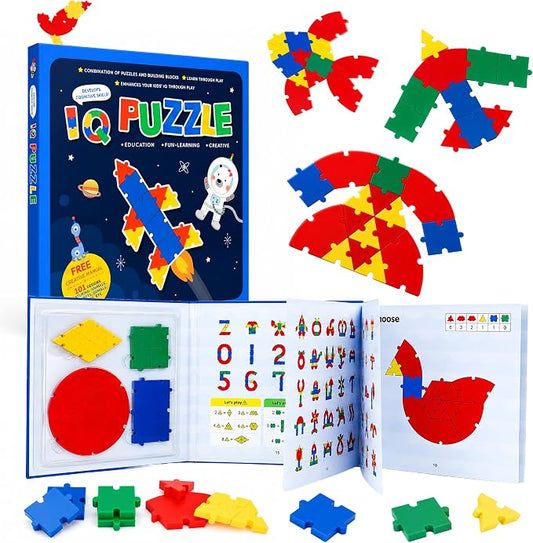 PRE-WORLD Pattern Blocks, 30 Pcs Interlocking Geometric Puzzle Kids 3+,IQ Puzzle Book, 101 Patterns, Non-Toxic Plastic, Math & Geometry Learning, Portable Storage for Home, Travel, Classroom