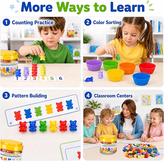 XINHUIDALSQ Rainbow Counting Bears Set of 200, 10 Colors Sorting Teddy Plastic Bears Math Manipulatives for Toddlers, 1 Inch Bear Conters Ages 3+ Kids