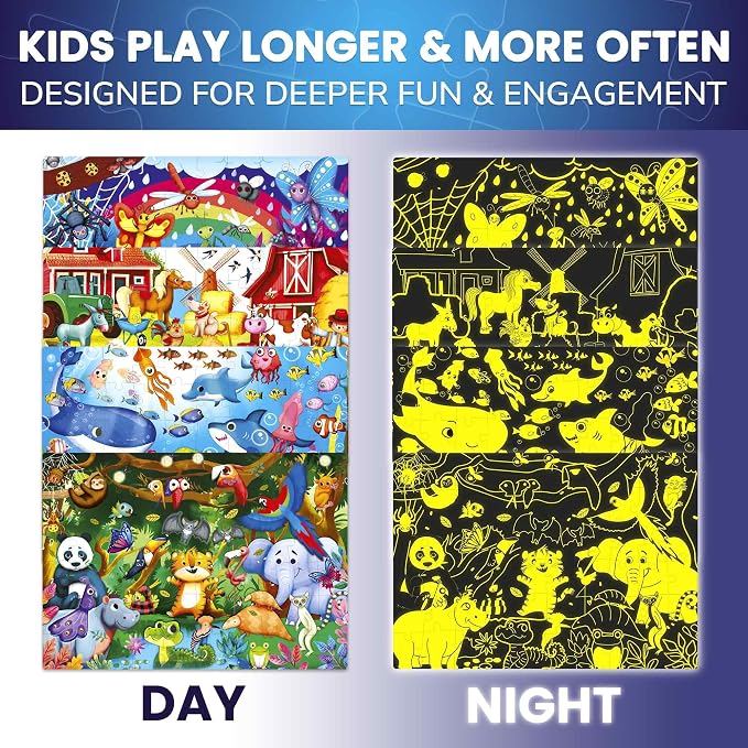 4 x 60 Piece Puzzles for Kids Ages 4-6 - Educational Kids Puzzles Ages 4-8 | Glow-in-the-Dark - Farm Bugs, Tropical and Ocean Animals - Toddler Puzzle - Learning Kids Games Ages 4-8 - Gift for Children