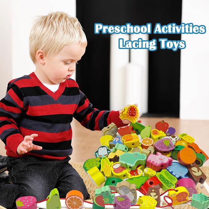 46 PCS Wooden Lacing Beads,Animals Fruits Threading Toys | Preschool Learning Lacing Toys,Montessori Educational Stringing Threading Beads Toys for Kids 3 4 5 6 Year Old Boys Girls