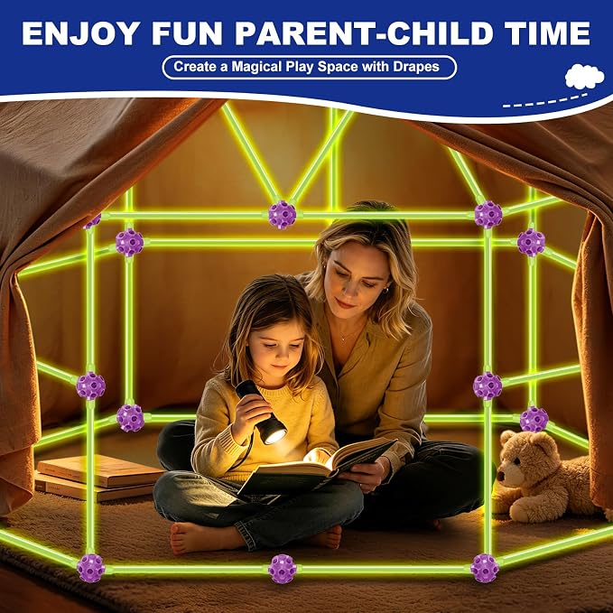 Glow In The Dark Fort Building Kit for Kids, STEM Building Toys, Kids Fort | DIY Castles Play Tent Tunnels, kids Creative Construction Toys Set, Christmas Birthday Gifts for Boys & Girls, 140 Pcs