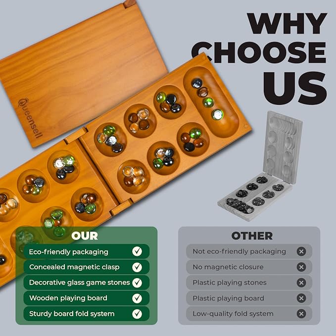 Mancala Board Game for Kids and Adults – Wooden Folding Mancala Set with Magnetic Lock and 56 Stones – Classic Strategy Board Game Travel Size