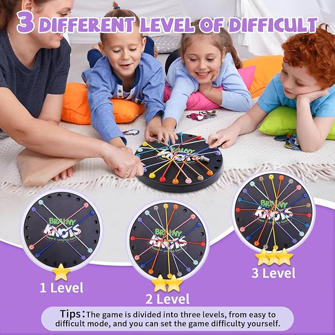 Brainy Knots Rope Untangling Game, 3 Level Logic Puzzle for Kids & Adults | 3 Level Rope Puzzle for Logic, STEM Learning, Screen Free Family Play, Travel, Classrooms & Gifts; Storage Bag Included