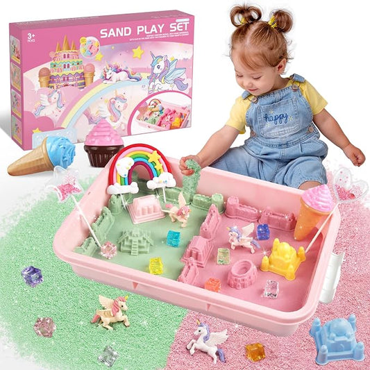 Weilim Unicorn Sensory Bin for Girls, Moldable Play Sand Kit Ages 3-8 | Non-Drying Moldable Sand, 2.3 lbs/2 Colors; 30-PC Kit: Molds, Tools, Wand, Lidded Bin; Won't Stick to Carpet, Easy Cleanup