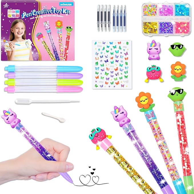 MOMUSE DIY Pen Making Kit for Kids Girls 6-12, Pen Creator Studio Craft Kit | Make 4 Sparkly Pens with Butterfly Stickers Sequins Beads, Girl Birthday Gifts
