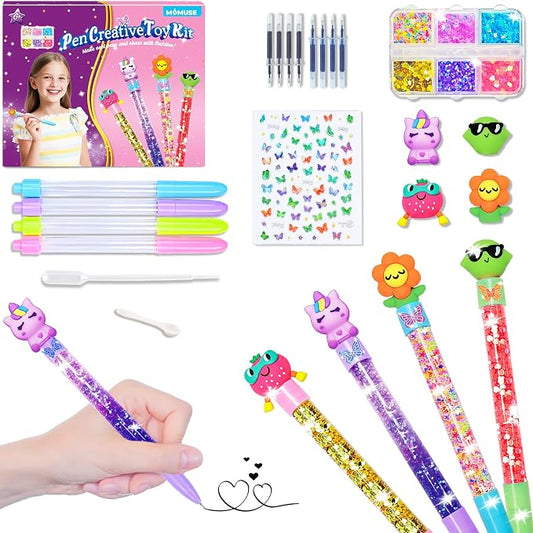 MOMUSE DIY Pen Making Kit for Kids Girls 6-12, Pen Creator Studio Craft Kit | Make 4 Sparkly Pens with Butterfly Stickers Sequins Beads, Girl Birthday Gifts