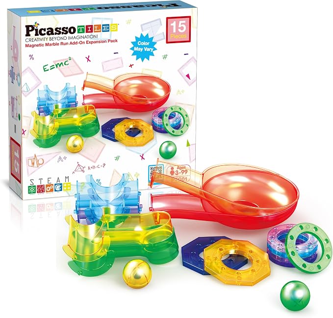 PicassoTiles Magnetic Marble Run Add-On Expansion Pack for Magnet Tile Building Blocks Maze Construction Toy Kit Educational STEM Learning Enhances Creativity Imagination Children Ages 3+ PTG01
