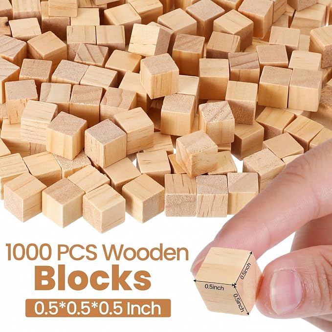 Barydat 1000 Pcs 0.5 in Wooden Cubes, Unfinished Wooden Blocks for Crafting Natural Craft Wood Square Blank Cube for DIY Project Baby Showers