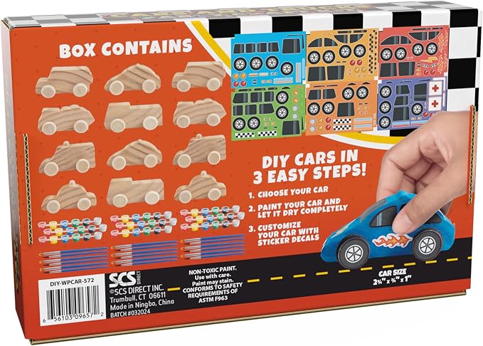 Kids Paint Your Own Wooden Car Craft Kits (12 Pack) – DIY Wood Painting Art Kits, Individually Wrapped w Paint, Brush & Bonus Decal Stickers – Party Favors, Classroom Crafts, Bulk Kids Activities