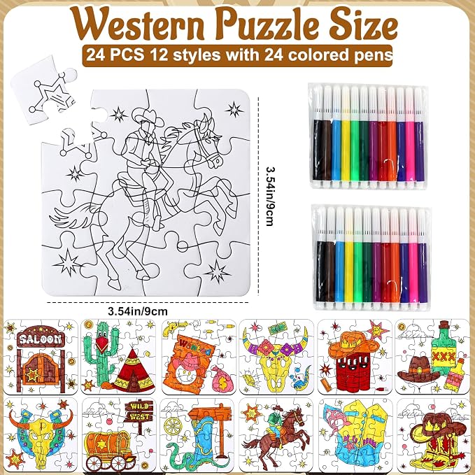 Western Cowboy Coloring Jigsaw Puzzle for Kids-DIY Horse Craft Party Favors | 24 Sets Color Your Own Crafts Blank puzzles, Fall Classroom Gift for Toddlers & Adults Birthday Game toy Supplies Arts Bulk