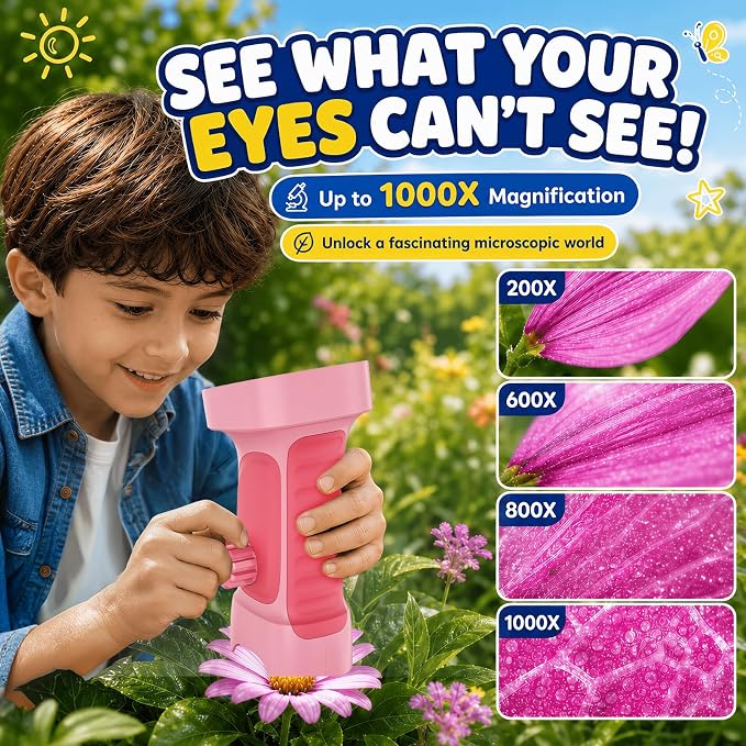 1000X Handheld Digital Microscope for Kids: Explorer 1080P Magnifying Glass | 2.4” IPS Portable Electronic STEM Outdoor Montessori Learning Toy, Birthday Gifts for 4 5 6 7 8-12 Year Old Boys Girls