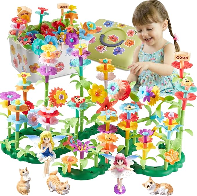 194 Pcs Flower Garden Building Toys, STEM Educational Block Set for Toddlers Ages 3-5, Non-Toxic Stacking Playset with Big Storage Box, Birthday for Preschool Kids