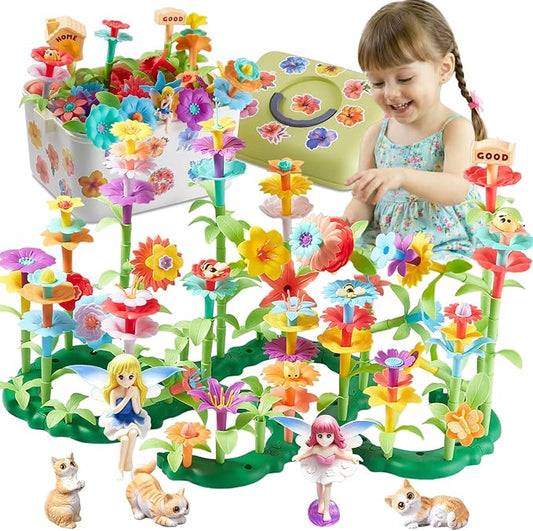 194 Pcs Flower Garden Building Toys, STEM Educational Block Set for Toddlers Ages 3-5, Non-Toxic Stacking Playset with Big Storage Box, Birthday for Preschool Kids