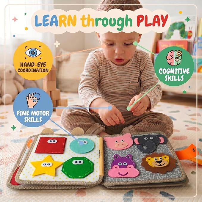 LUMS Busy Book for Toddlers 1-3 - Montessori Busy Board, Toddler Activity Book Ages 2-4, Felt Quiet Sensory Learning Travel Toy for 1 Year Old, Car & Airplane Rides