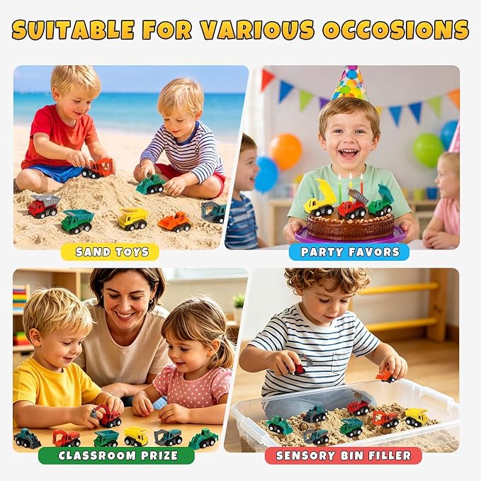 Small Construction Vehicles Toy Cars for Toddlers 1-3, Mini Pull Back Cars Trucks for Toddlers 2-4, Birthday Party Favors Kids 3-5, Goodie Bag Stuffers Boy Potty Training Prizes Sensory Bin Toys (12)