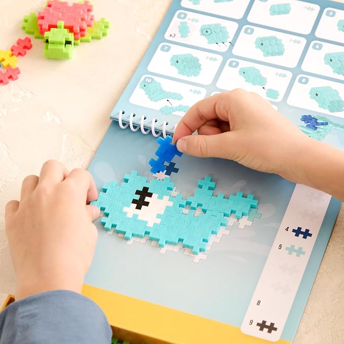Plus Plus Puzzle By Number Activity Pad, Ocean - Mini Building Blocks Set | Roadtrip Essentials for Kids, Interlocking Waffle Blocks, Stem Toy, Airplane Activities for Kids, Kid Car Ride Must Haves