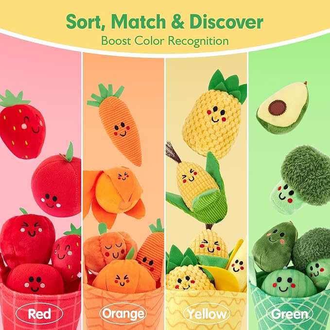 hahaland Baby Sensory Toys Montessori Toys 1 Year Old Fruit Vegetable 16PCs | Color Sorting Play Food with Textures, Crinkle, Rattle, 6-12 Month Baby Toys 1 Year Old Boy Gifts One Year Old Girl Birthday