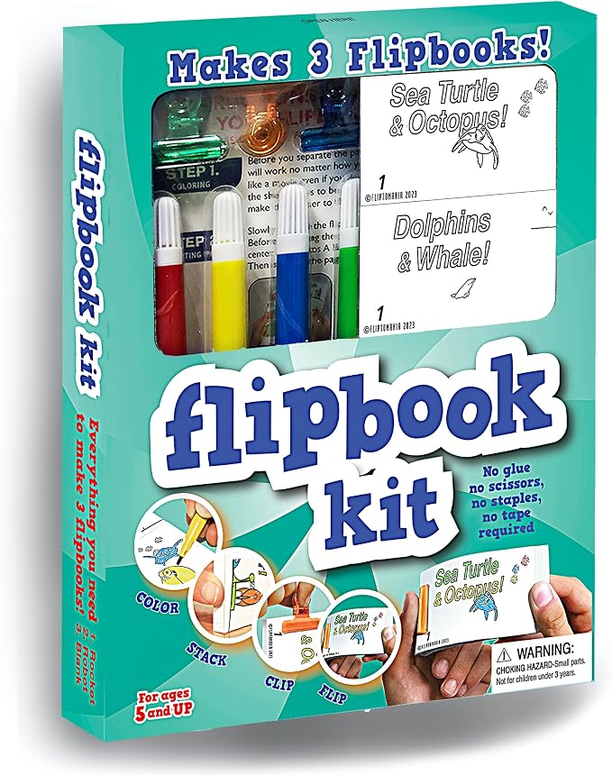 Fliptomania Flipbook Make-Your-Own Flip Book Kit for Kids 3 Pack, Crab and Octopus, Dolphin and Whale , & Blank DIY Flipbook Paper, Drawing Kids Arts & Crafts Project Set, for Kids Ages 8-12