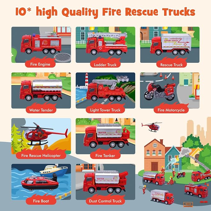 iGRATENS Fire Truck Toys with Sounds Book, 10 Alloy Toy Trucks | Fire Vehicle Board Book with 10 Buttons, Realistic Sound Effects, Exquisite Illustrations, Great for Little Truck Lovers Kids