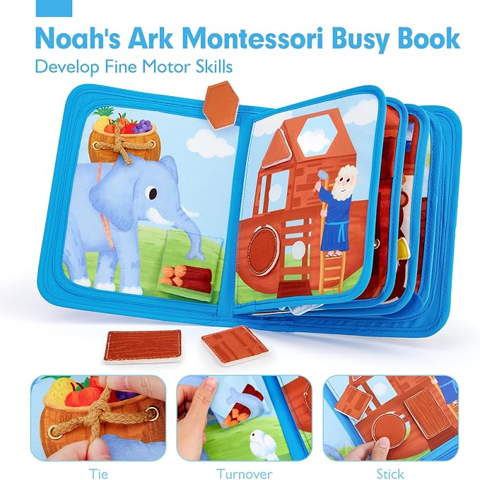 hahaland Noah's Ark Toy Busy Book for Toddlers 1-3 - Baptism Gifts for Boys | Montessori Toys for 1 Year Old Boy Girl, Learning Educational Airplane Travel Quiet Activity Board One Year Old Birthday Gift