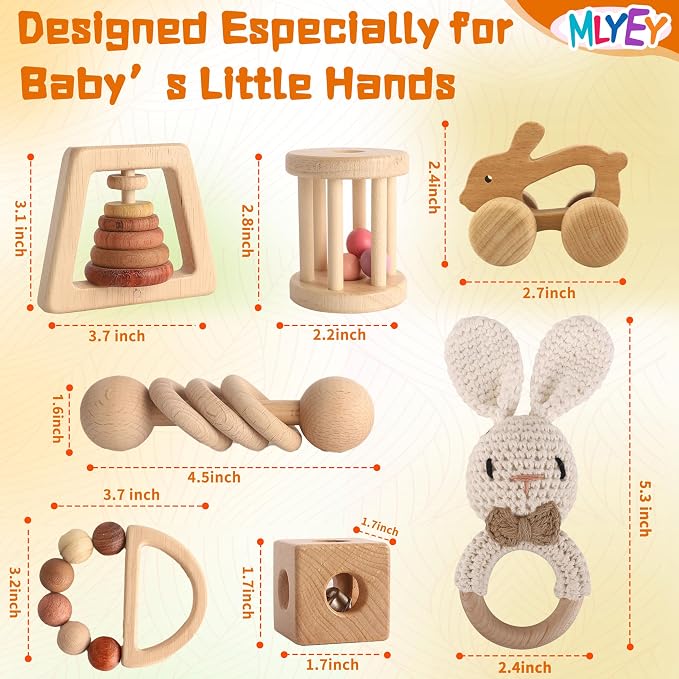 Wooden Toys for Babies, 7PCS Wooden Baby Rattle for 7-24 Months Boys Girls, Natural Wood Montessori Toys Set with Crochet Rabbit Rattle for Infant Grasping, Gift for Baby