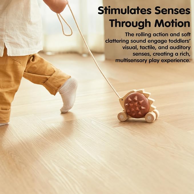PlanToys® Wooden Pull Along Hedgehog Montessori Toddler Walking Kids Set | rolling wheels, toddler pull toys, sound design, girls, boys, gross motor balance & coordination learning gift for kids