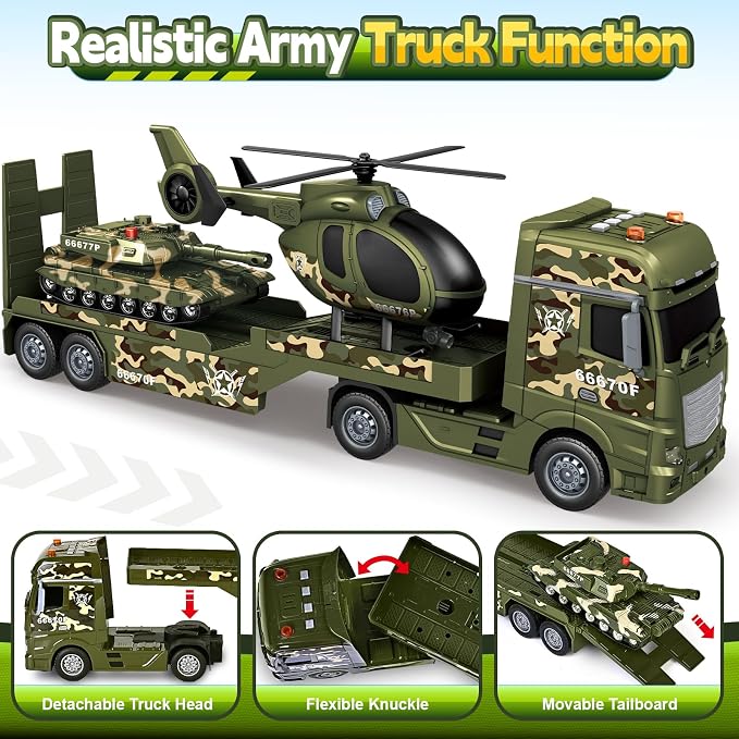 Bstoyder Toddler Boy Toys for 3 4 5 6 7 Years Kids, 25" Semi Army Truck Toy with Helicopters and Tank, Friction Powered Military Toys with Lights and Sounds, Birthday for Boy Girls