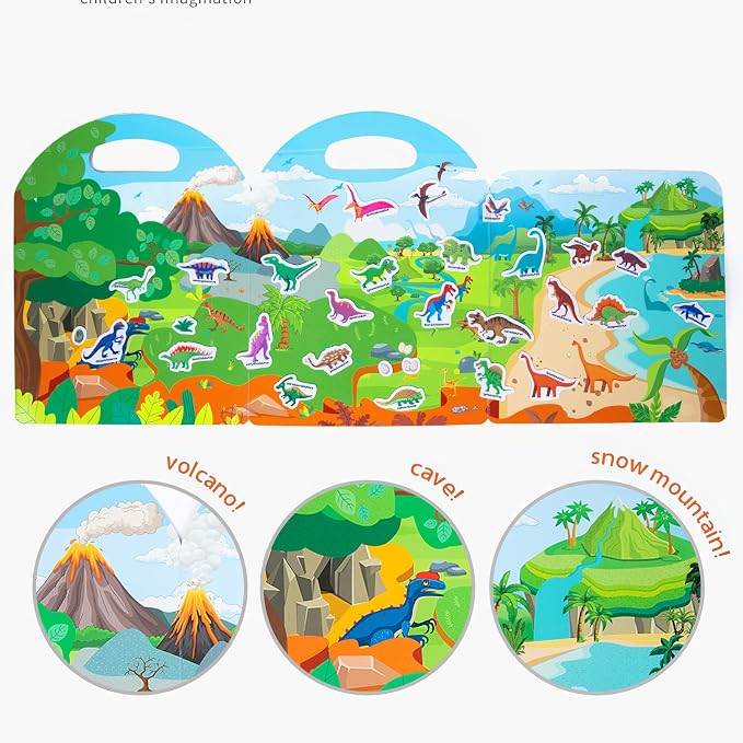 Jelly Reusable Sticker Books, Portable Travel Toys Sticker Activity Book for Kids 3+ Year Old Girls Boys (Dinosaurs)