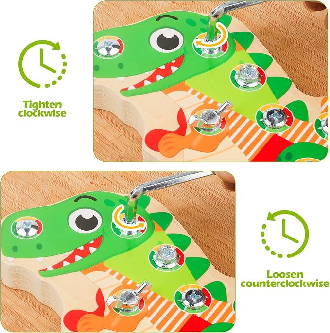 Montessori Dinosaur Screw Board, 8 Screws, Fine Motor Toy for Kids Ages 3+ | Matching 4 tools to different screw-head styles for repeat remove-and-replace play