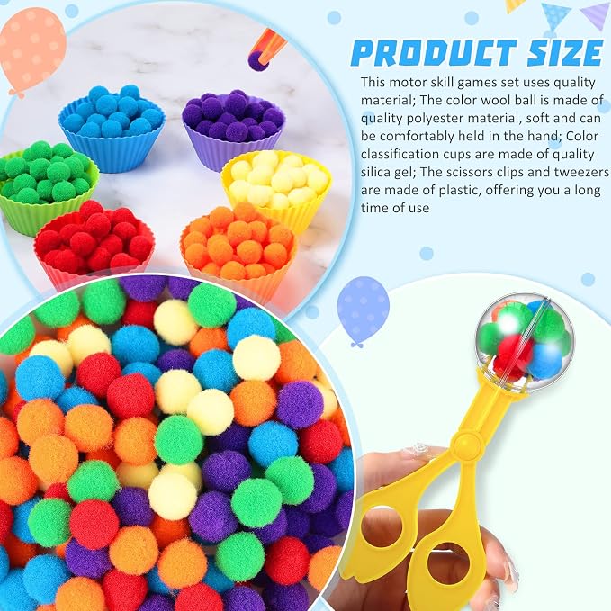142 Pcs Kids Tweezers Fine Motor Sensory Bin Set, Bowls Tongs Plush Balls | Toddler Sorting Scooper, 12 Bowls, 8 Tongs, 2 Clips, 120 Balls, Spring Sensory Play