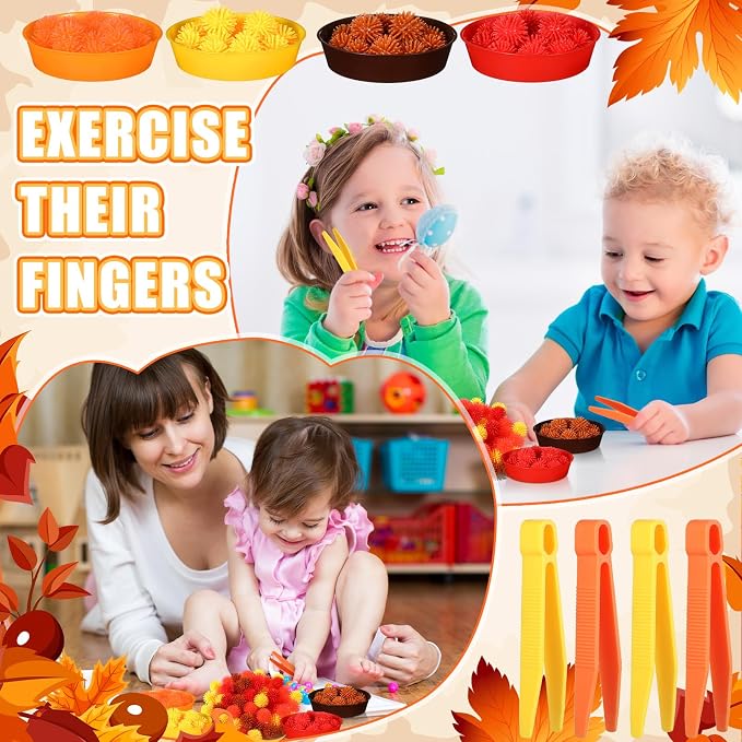 Leitee 71 Pcs Sensory Bin Filler,Orange,Autumn | Hedge Balls Tweezers Clips Cups, Fine Skills Toys Set for Kids Counting Sorting, Sensory Bin Tools Preschool Learning