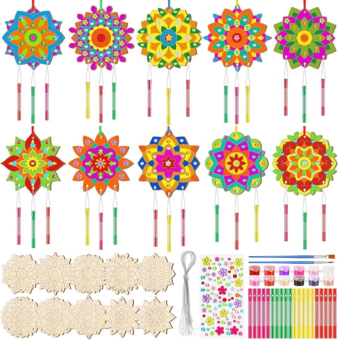 JellyArch 30 Pack Mandala Wind Chime Kit for Adults, Wooden DIY Ornaments | Make Your Own Mandala Decorations, Wooden Blanks with Stickers Gems Tubes Scissors, Spring Summer Birthday Party Crafts